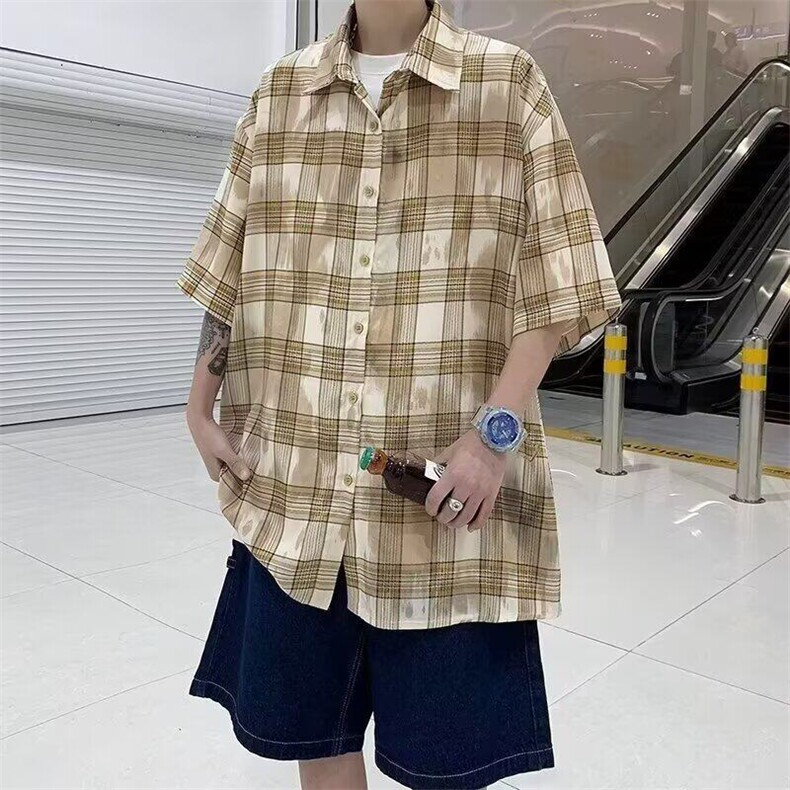 春秋复古格子翻领衬衫潮牌男女款休闲百搭宽松衫衣S44/P32,男装衬衫,星座506