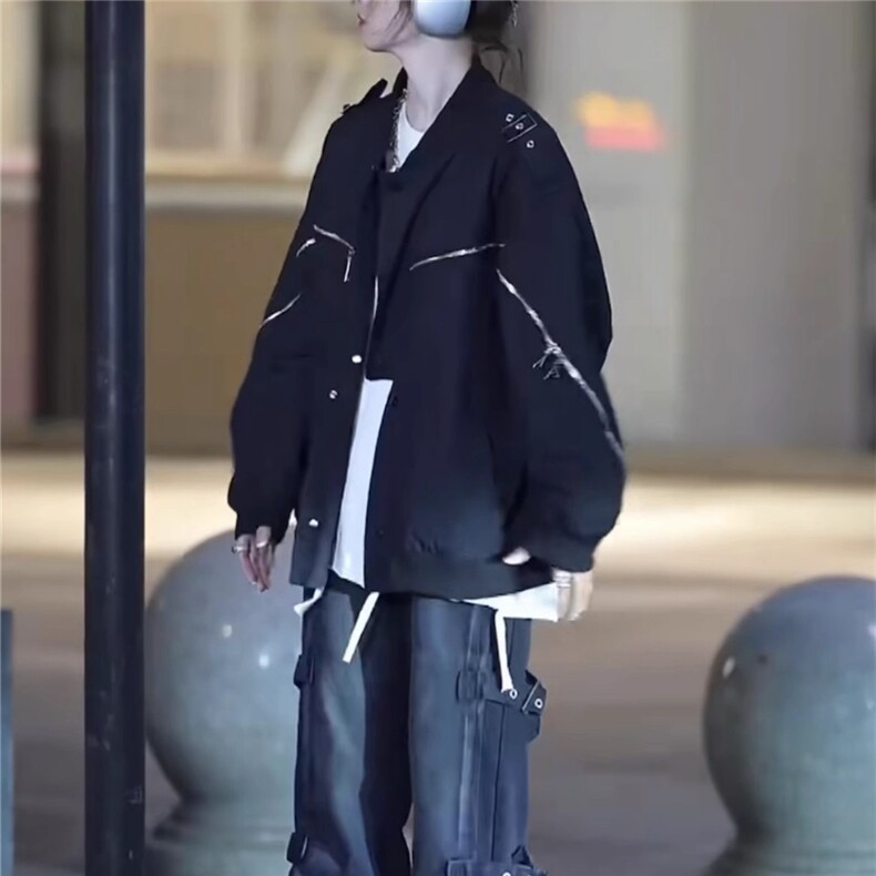美式复古拉链装饰冲锋衣春秋宽松风尚男女外穿潮不规则ins夹克,男装夹克,星座506A