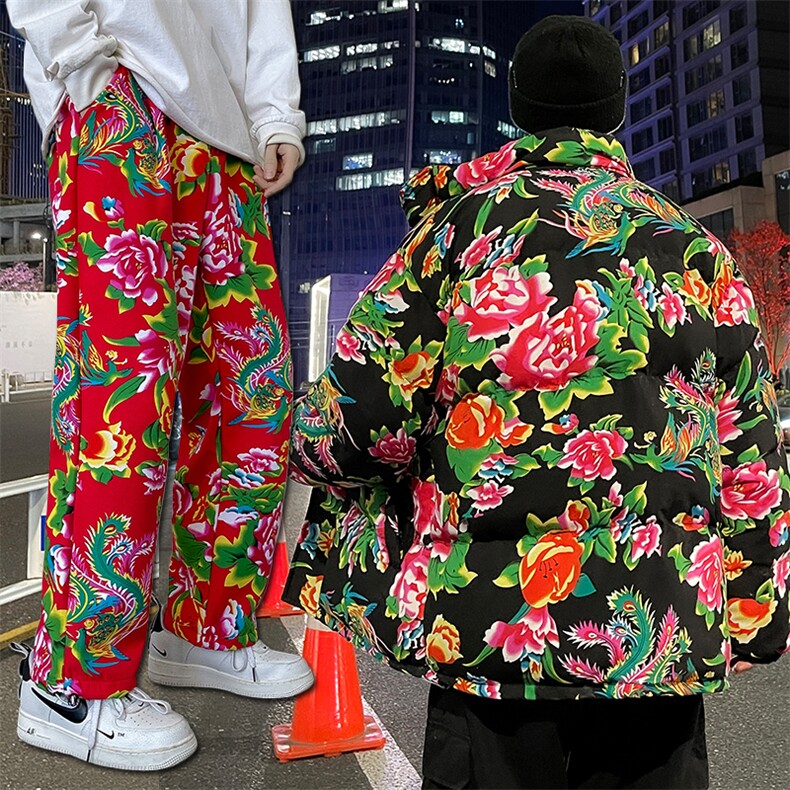 风东北情侣套装ins花棉衣外套牡丹花九分裤棉服套装网红H203,男装休闲套装,星座115A(原星座507）
