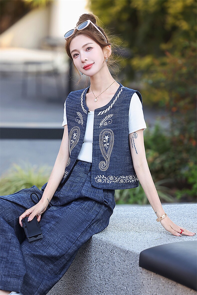 高级感复古刺绣牛仔套装女2025秋季新款休闲无袖马甲阔腿裤两件套,女装套装/套裙,歌伊格美
