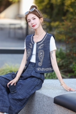 高级感复古刺绣牛仔套装女2025秋季新款休闲无袖马甲阔腿裤两件套，女装套装/套裙，歌伊格美