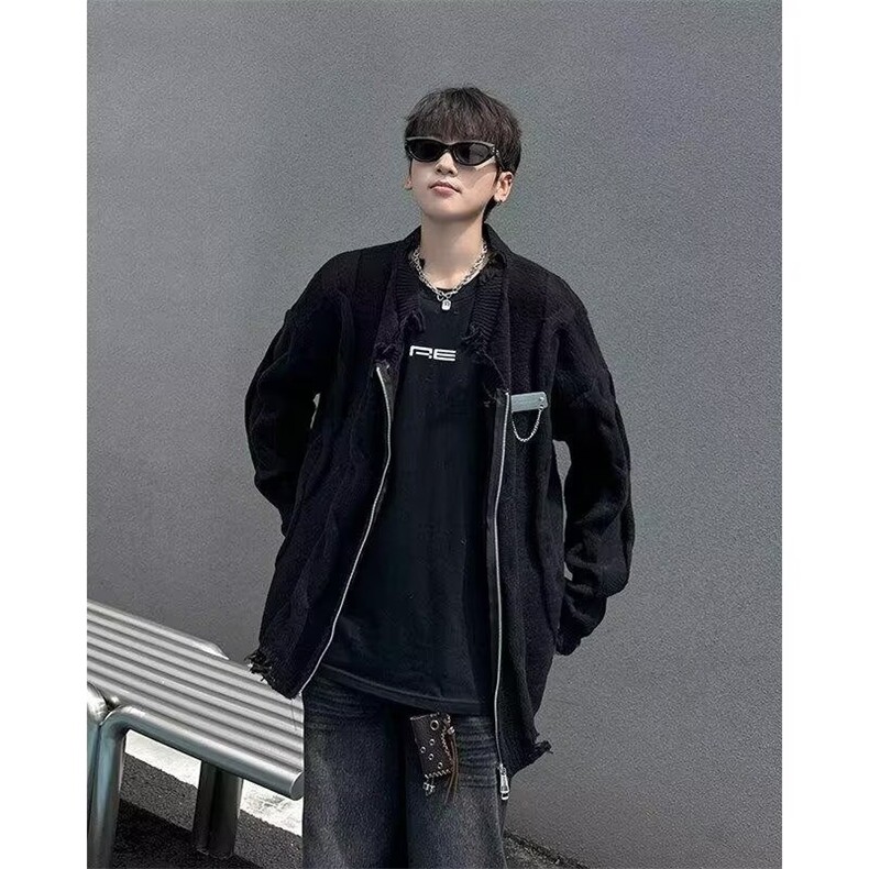 拉链开衫破洞针织衫男女秋季2025年新款宽松外搭上衣设计感小众,男装针织衫/毛衣,星座506A