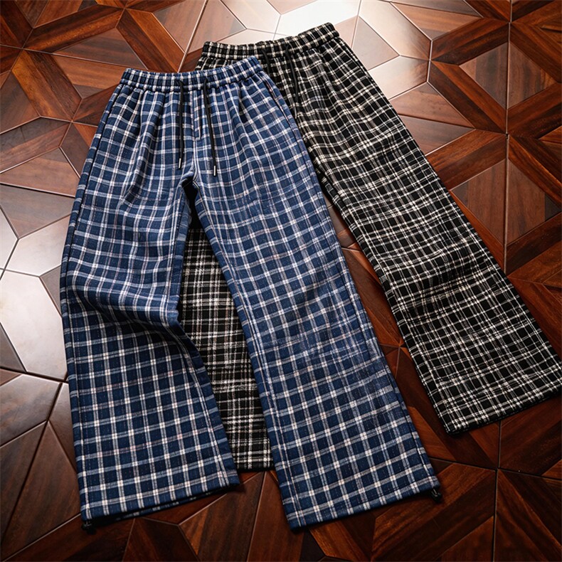 美式高街潮牌男女泡泡格子休闲裤直筒宽松慵懒显瘦阔腿休闲长裤子，男装休闲裤，电商A443