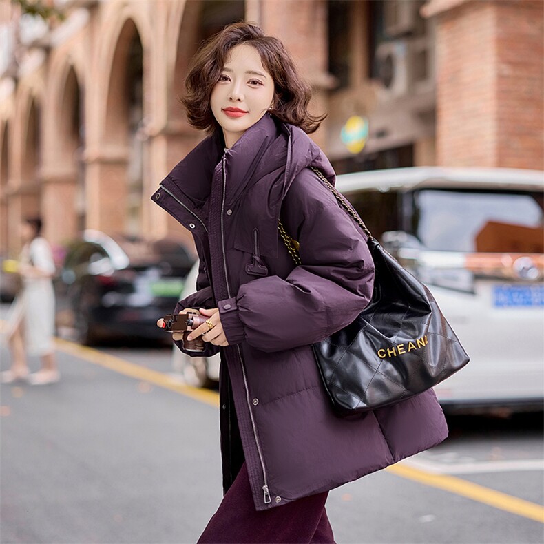 现货2024冬季新款简约廓形气质显瘦加厚中长款羽绒服,女装羽绒服,深水步