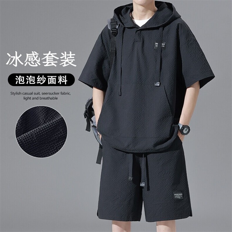 特批P50无差价夏季潮流泡泡纱大口袋连帽大码两件套套装男TZ5570，男装休闲套装，电商A001