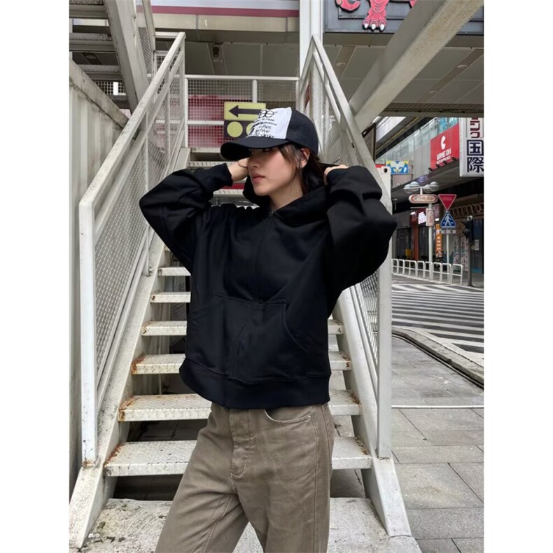 日系时尚原宿纯色灰色连帽卫衣280克外套新款慵懒潮流WYX69图片