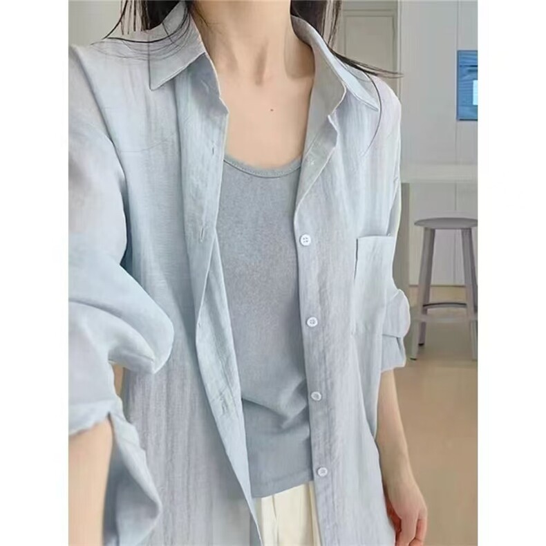女款2025新款高级感轻奢减龄洋气上衣湖蓝色亚麻防晒衬衫外套,男装衬衫,星座1210-1
