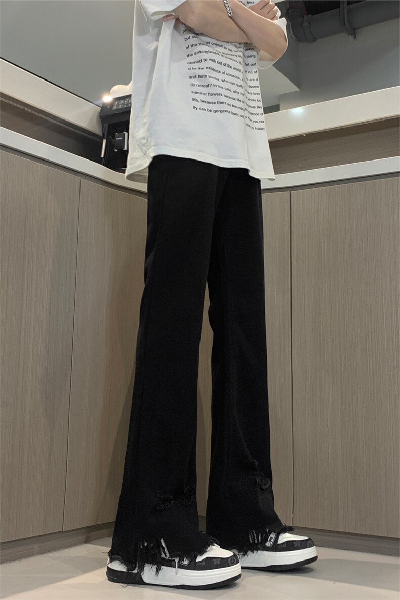 现货黄泥美式vibe裤高街黑色破洞微喇直筒毛边牛仔裤男K890-P55,男装牛仔裤,星座205