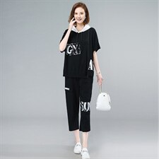 2021夏季新款时尚气质拼接撞色印花连帽套装，女装套装/套裙，叶笙衣