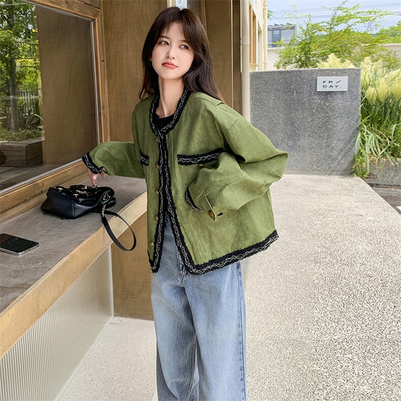 气质感绿色小香风短外套女春秋2025新款超火好看高级小众夹克上衣,女装短外套,2C327