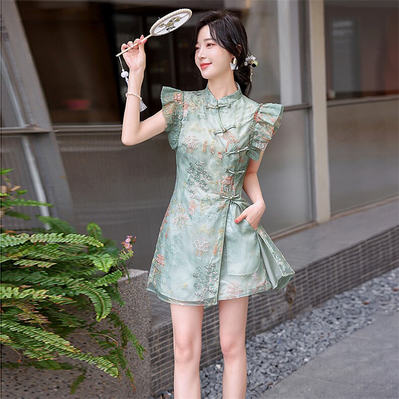 甜酷新中式女2025年夏季新款气质千金国风短裤温婉裙子,女装连衣裙,歌伊格美