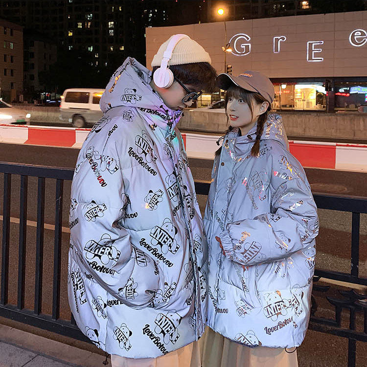 A615情侣连帽加厚保暖防寒棉衣外套小熊反光棉服男女冬季宽松文艺,男装棉衣,星座115A(原星座507）