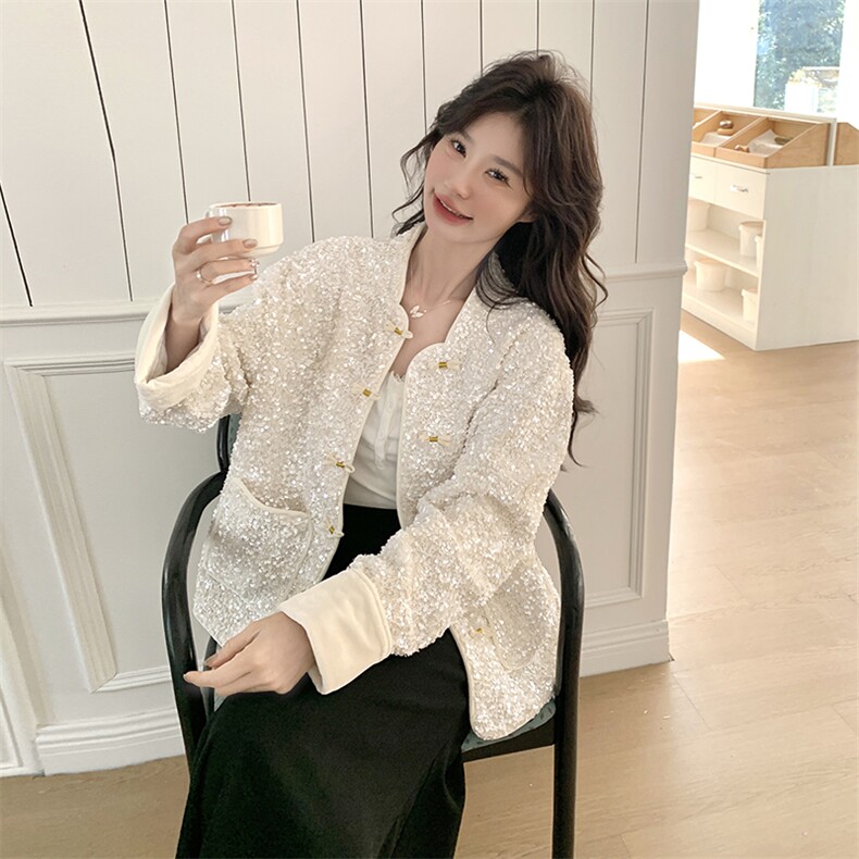 亮片新中式国风短外套女春秋2025新款小个子米色上衣独特漂亮减龄,女装短外套,2C272
