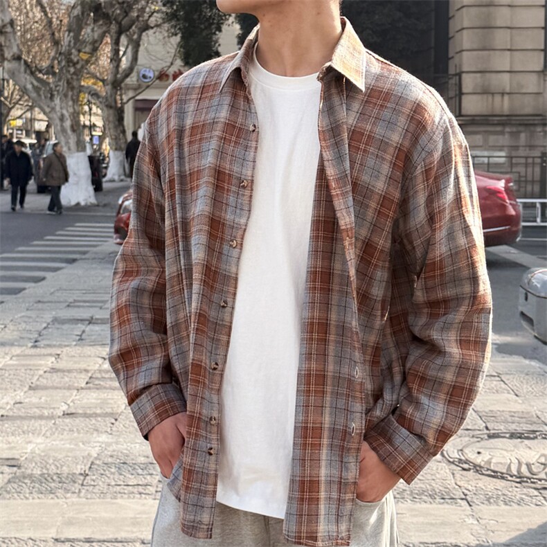 （跨境电商）四季款格子衬衫潮流宽松格纹衬衣,男装衬衫,星座1107-1