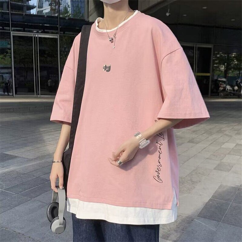 假两件短袖T恤男港风夏季宽松圆领上衣韩版潮流休闲百搭五分体恤,男装T恤,星座506A