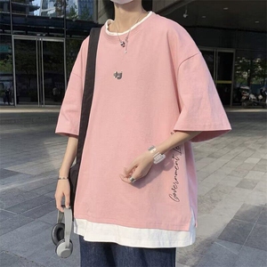 假两件短袖T恤男港风夏季宽松圆领上衣韩版潮流休闲百搭五分体恤
