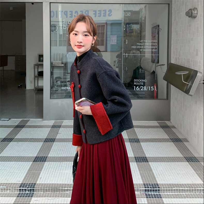 新中式国风撞色拼接双面呢羊毛外套女秋冬2025新款设计减龄厚大衣,女装毛呢外套,2C028