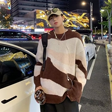 日系复古拼色毛衣男秋季宽松软糯线衣外套百搭情侣针织衫1350-P50，男装针织衫/毛衣，星座910-5