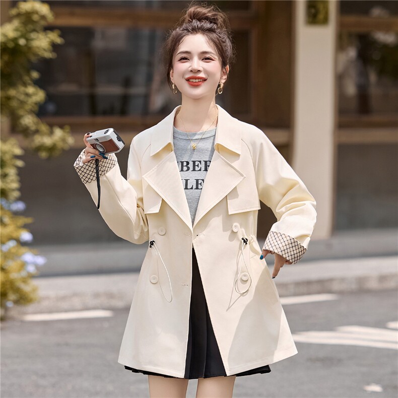 中长款收腰风衣女显瘦2025秋季时尚袖口拼格春秋外套,女装风衣,姿衣坊