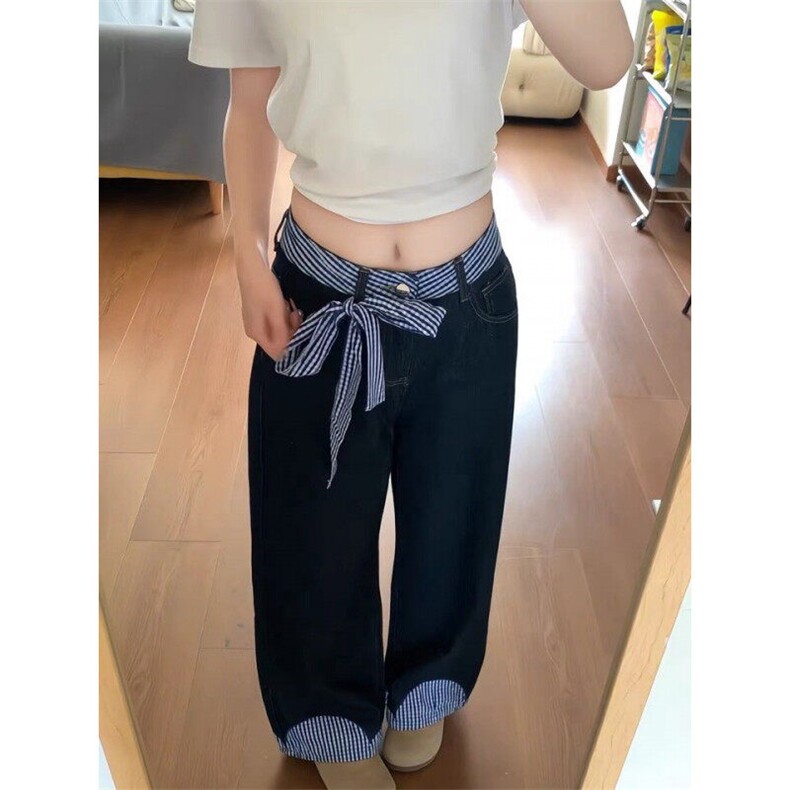 蝴蝶结系带拼接格子牛仔裤ZK0338-P50图片