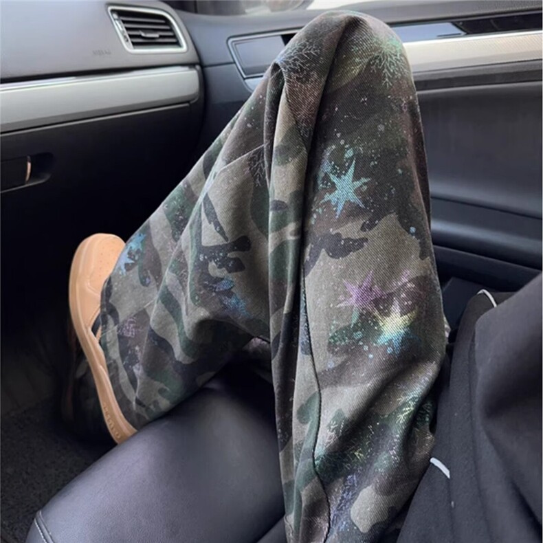 美式复古解构拼接扎染迷彩牛仔长裤做旧宽松直筒休闲男女ins,男装休闲裤,星座506A