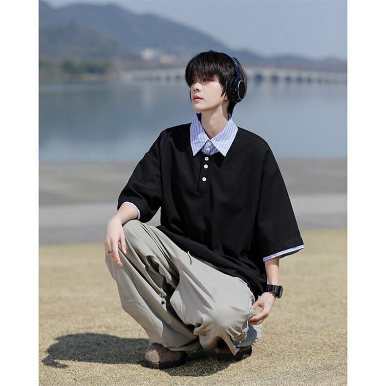 8XL-M假两件衬衫领短袖T恤大码夏季条纹拼接polo衫半袖DX1211/P45,男装T恤,电商B238