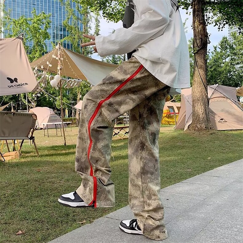 美式高街复古嘻哈拉链迷彩长裤ins潮牌hiphop直筒宽松坠感工装裤,男装工装外套,星座1013