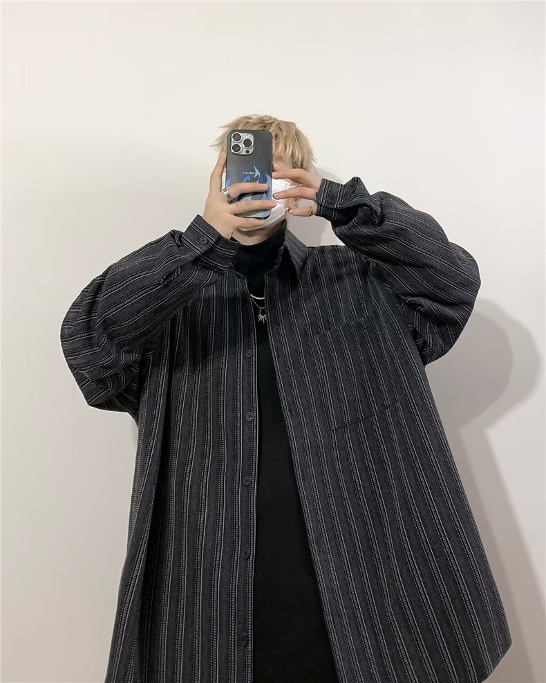 春秋复古风扎染条纹衬衫韩系穿搭男女宽松翻领开衫外套衬衣~CS086,男装衬衫,星座601-2
