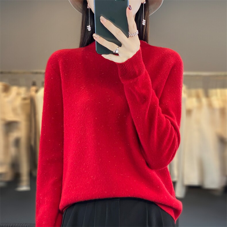 2024秋冬季新款半高领宽松外穿女短款套头羊毛毛衣,女装羊毛衫,昭美羊绒
