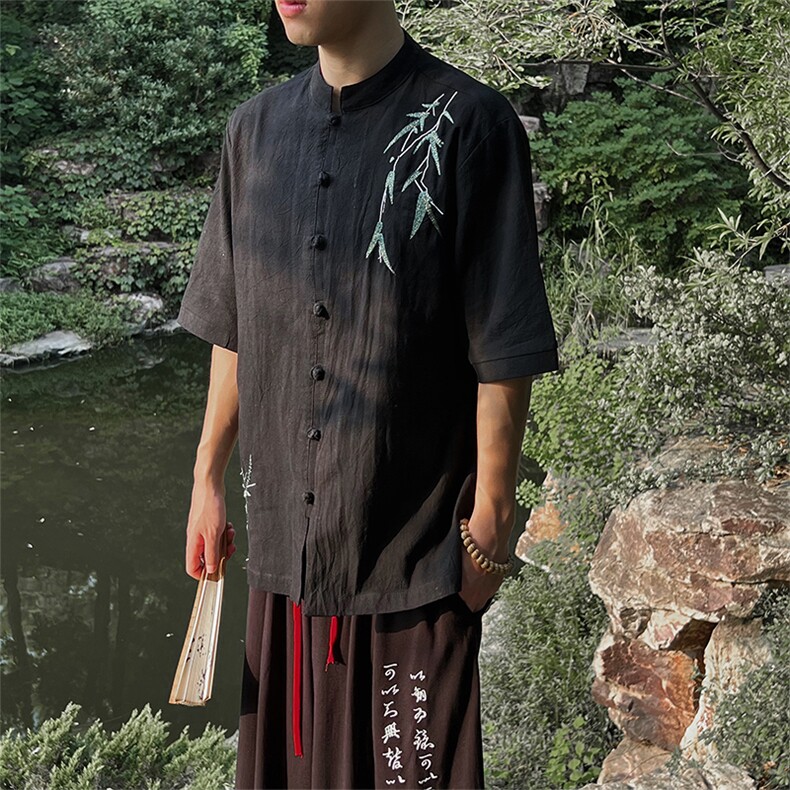 现货~夏季新中式棉麻刺绣竹叶风立领衬衫五分袖MT2308-P65,男装T恤,电商A021
