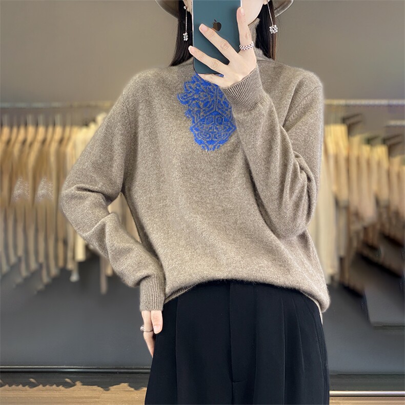 时尚潮流通勤长袖单件2024年秋冬季202323青花瓷堆堆领羊毛衫,女装羊毛衫,丽特绒