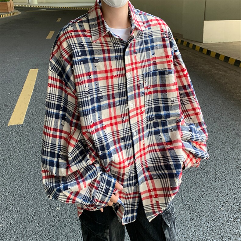 港风秋款男条纹格子衬衫破洞宽松长袖衬衣外套CS36 P45图片