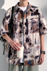 特批P28无差价夏季冰丝垂感短袖衬衣男抽象图案五分袖衬衫CD2251，男装衬衫，电商A001