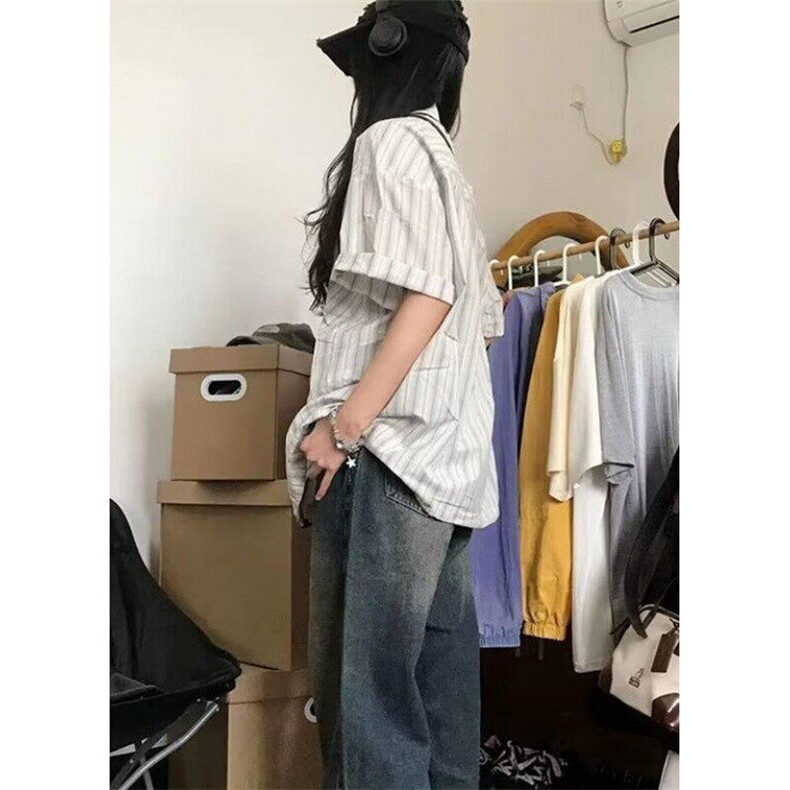 简约竖条纹短袖衬衫男夏ins百搭休闲宽松抽绳衬衣外套CM149,男装衬衫,星座1116A（原606A-3）
