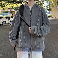 复古毛边廓形拉链牛仔外套男新款夹克宽松设计感上衣W6040-P67，男装工装外套，星座412-2