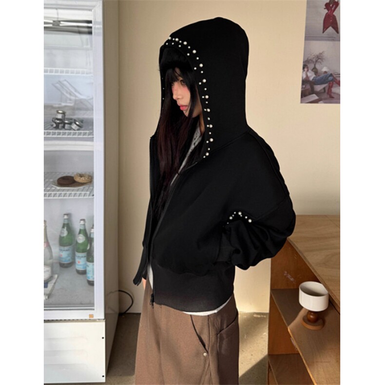 秋季美式小众设计钉珍珠短款连帽外套女复古修身黑色夹克WY206,男装夹克,星座1116A（原606A-3）