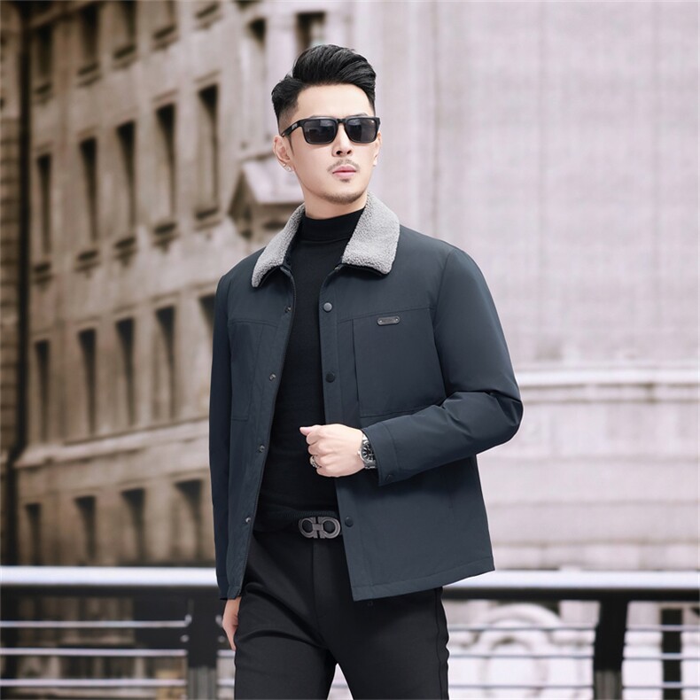 现货新标90绒中青年轻薄羽绒服外套男士羊羔毛领羽绒服夹克图片