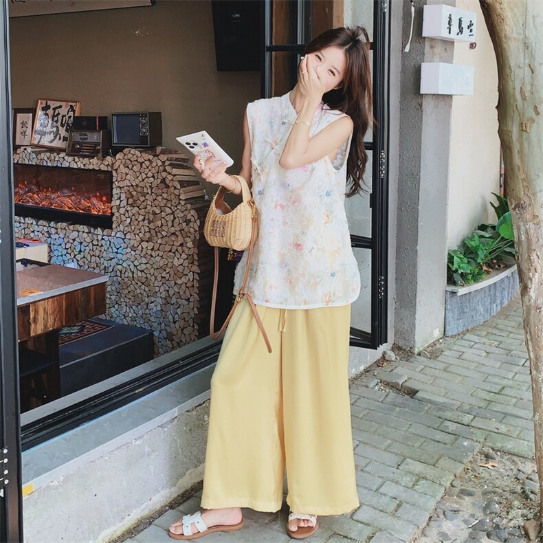 多巴胺碎花旗袍立领上衣阔腿裤套装两件套女夏季新中式国风一整套图片