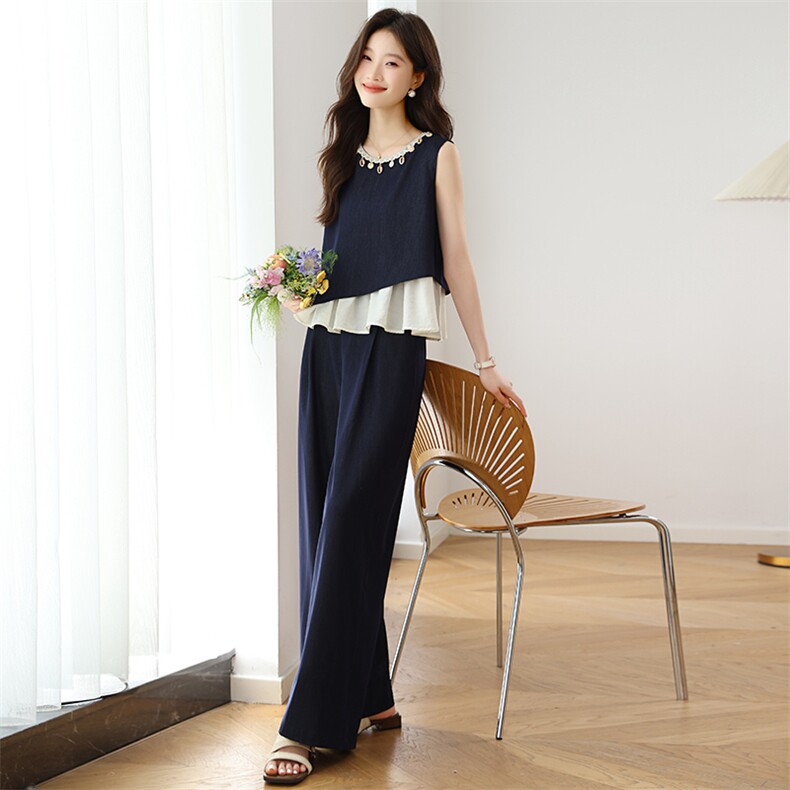 时尚松弛感穿搭背心套装女2025夏季新款拼接无袖上衣阔腿裤两件套，女装套装/套裙，婷思杰（原婷想服饰）