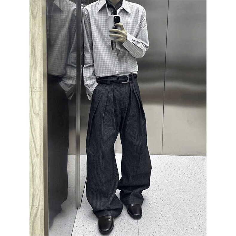 美式潮牌高街复古细格子日系肌理感长袖衬衫外套男女休闲宽松衬衣,男装衬衫,电商A443