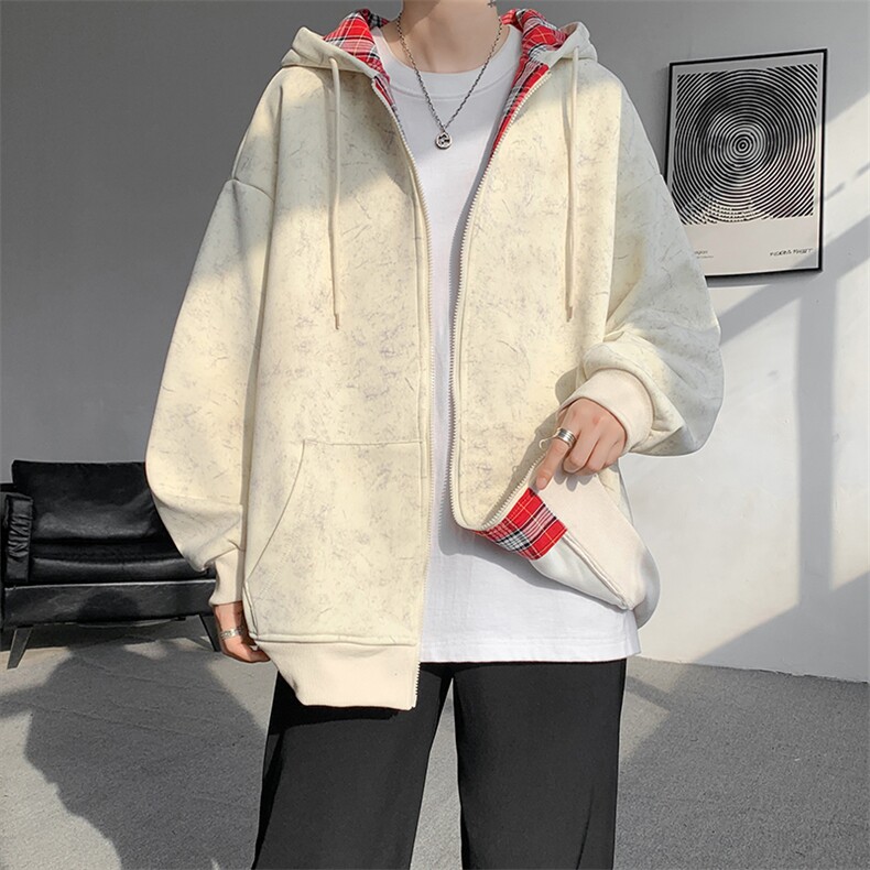 扎染撞色格子男女百搭连帽大码卫衣外套 WY10090-特P55 加绒特P65图片