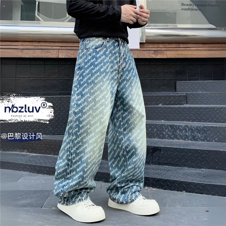 春秋季美式休闲痞帅提花满印牛仔裤男直筒百搭阔腿长裤AM7061 P54图片