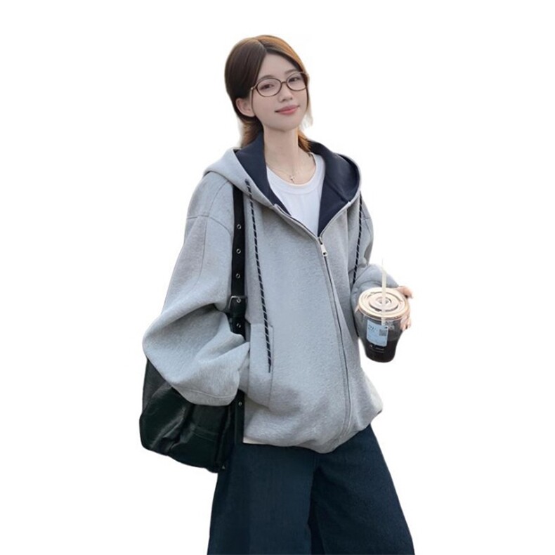 抖音得物二开美式高街重磅结构双层撞色连帽卫衣开衫外套W116,男装卫衣,电商A486
