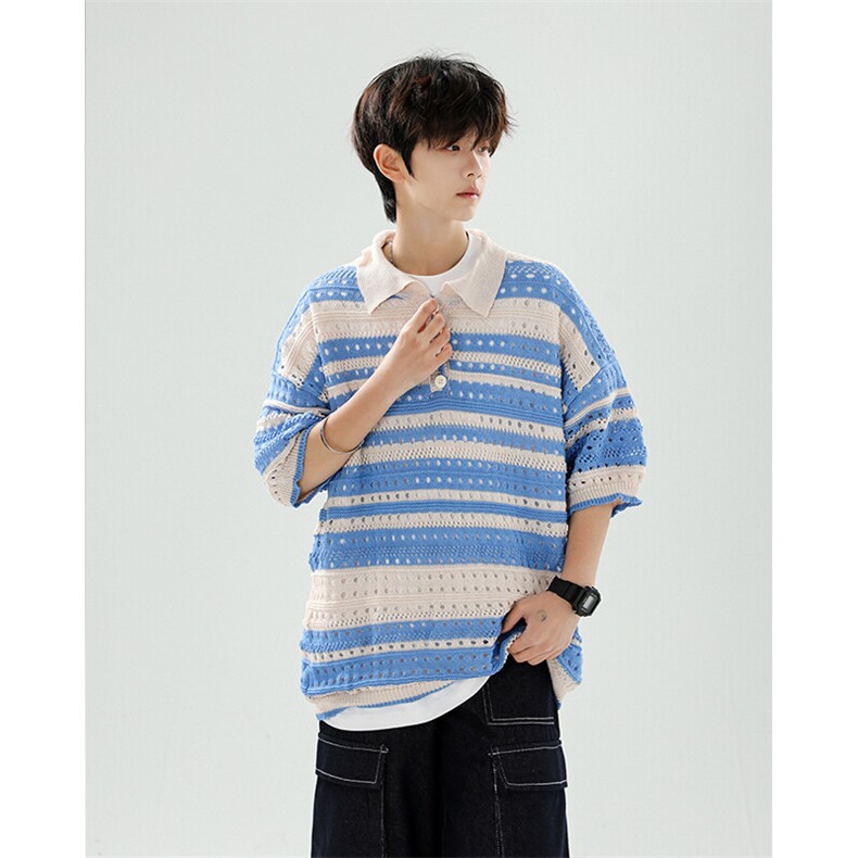 8XL-M特大码美式复古条纹撞色针织POLO衫翻领休闲短袖TDX311P35,男装T恤,电商D206-1