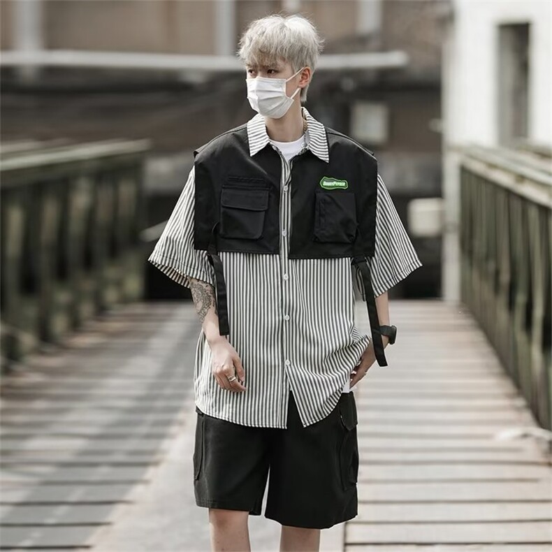 痞帅休闲衬衫男设计感高级短袖外套宽松衬衣纹港风寸衫CY393-P41,男装衬衫,星座412-3