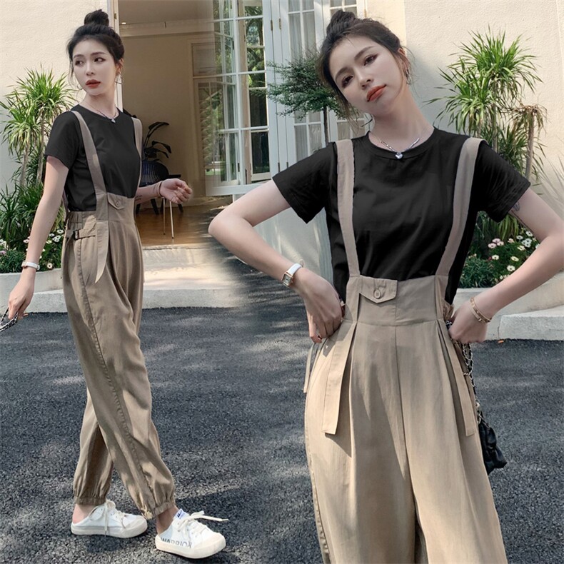 休闲流行背带裤ins潮2026夏季新款欧货时尚束脚裤吊带裤两件套装,女装套装/套裙,霓裳依族