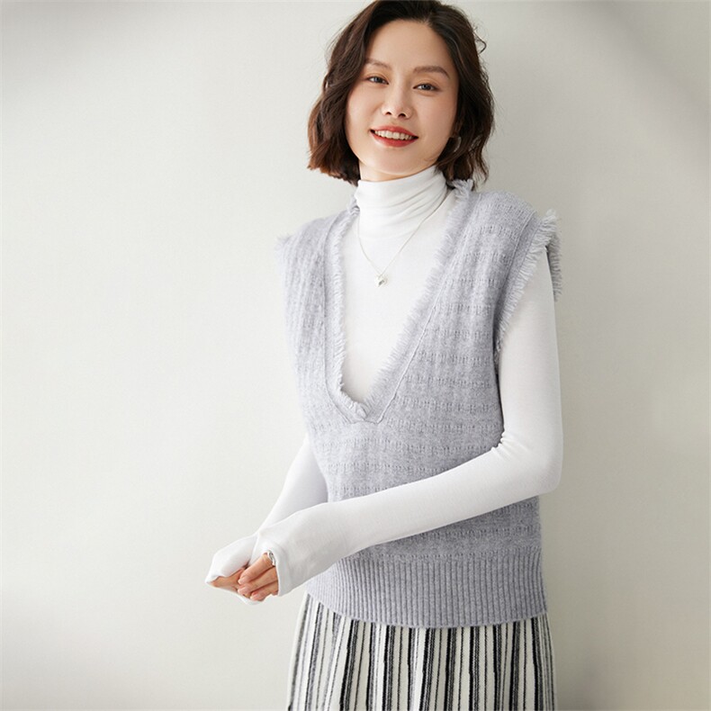 时尚流苏边羊绒马甲女V领显瘦百搭针织背心外套,女装马甲,迎冬羊绒
