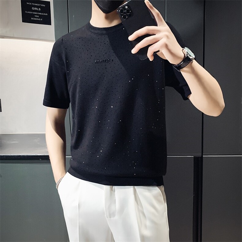 圆领短袖针织衫春秋季青年个性烫钻T恤简约半袖线衣t男士M861,男装T恤,星座1116A-2（原606A-1）