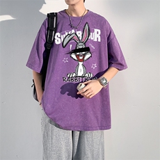 水洗做旧短袖T恤男美式复古夏季卡通印花2024新款港风ins潮流，男装T恤，电商C306-1
