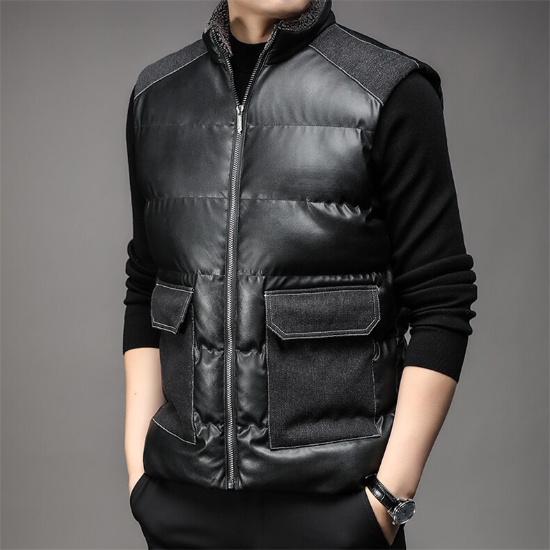 男式2023新款立领保暖皮背心无袖加棉加厚马甲，男装背心/马甲，电商B360